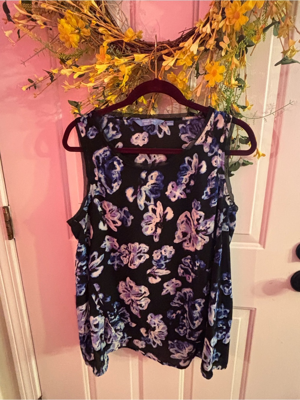 Vera Wang Black Tank Top with Blue & White Floral Print